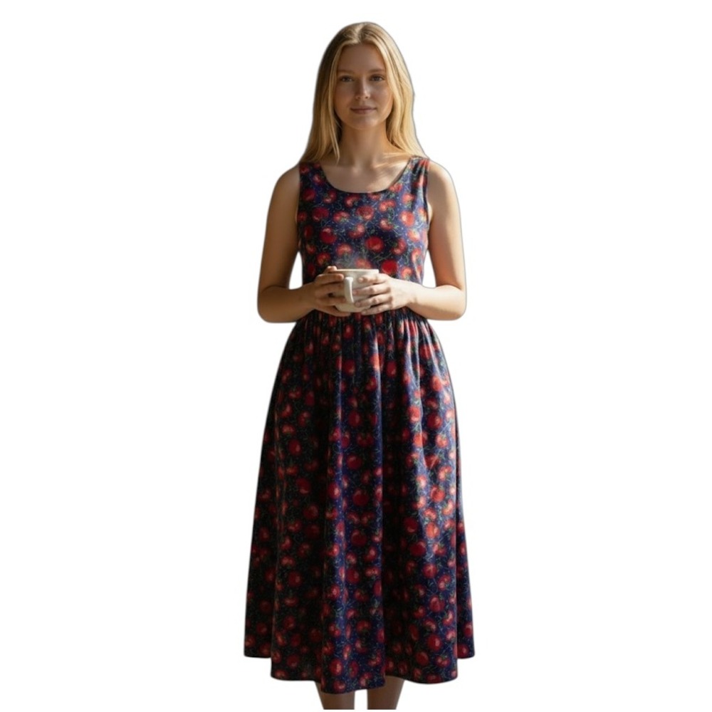Vermont Country Store Dress Women XL Blue Red Tomato Print Cotton Countryside